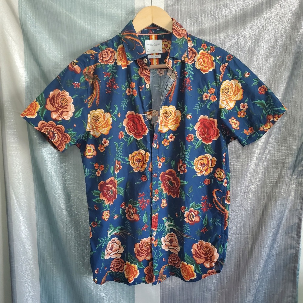 Denim & Flower Ricky Singh Mens Small Slim Fit Floral Phoenix Bird Shirt Navy